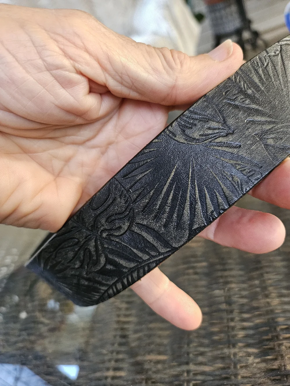 Velez Columbia Tooled Tropical Black Leather Belt with Curved Silver Buckle M